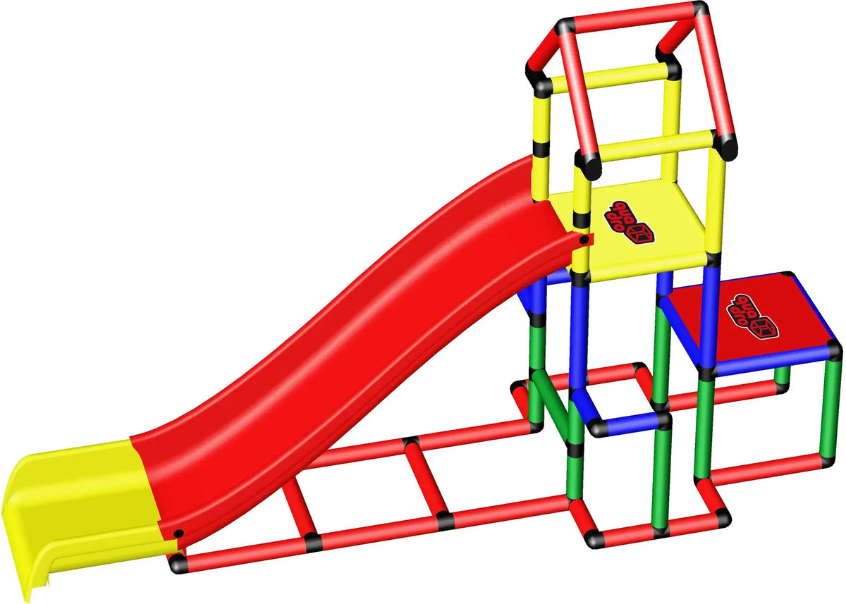 QUADRO play tower with straight red slide, yellow landing section and side platform