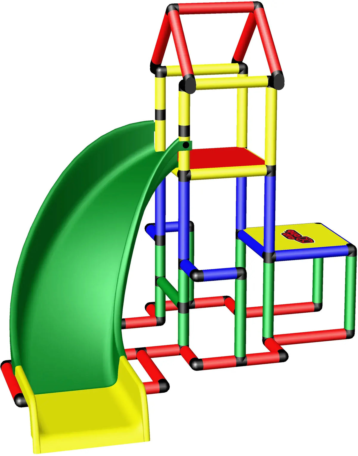 QUADRO play tower with green curved slide and raised side platform