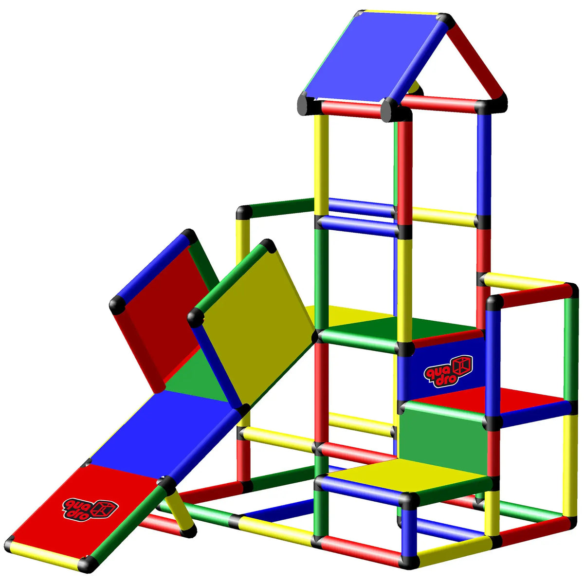 QUADRO adventure tower with roof, ramps, platforms and coloured panels